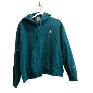 Champion Reverse Weave Womens Teal Hoodie XL Pullover C Cres Pocket Long Sleeve